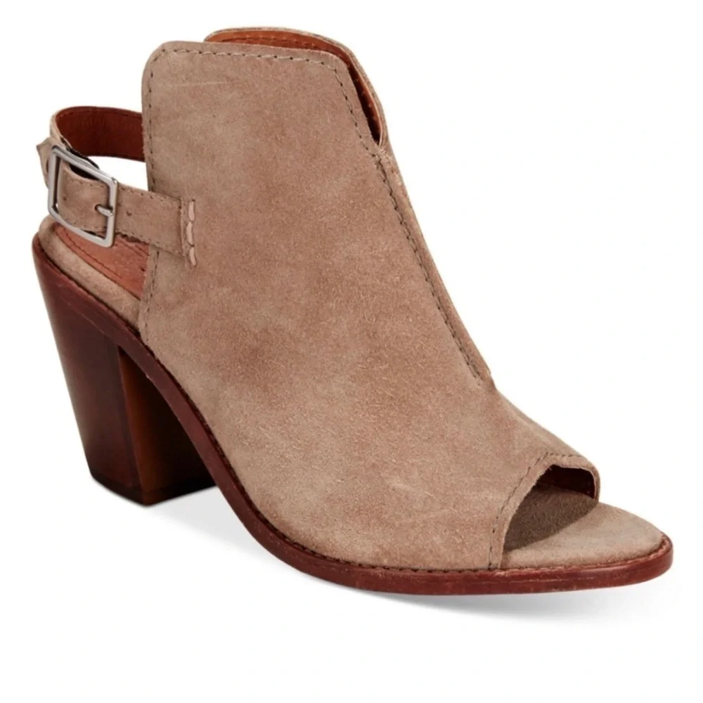 Frye Courtney Ash Taupe Suede Peep Toe Slingback Bootie Mules